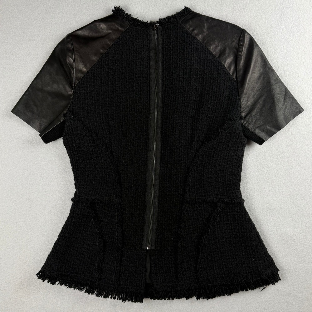 Rebecca Taylor Women's Leather Sleeve Peplum Tweed Top Black Sz 6 - Picture 6 of 10